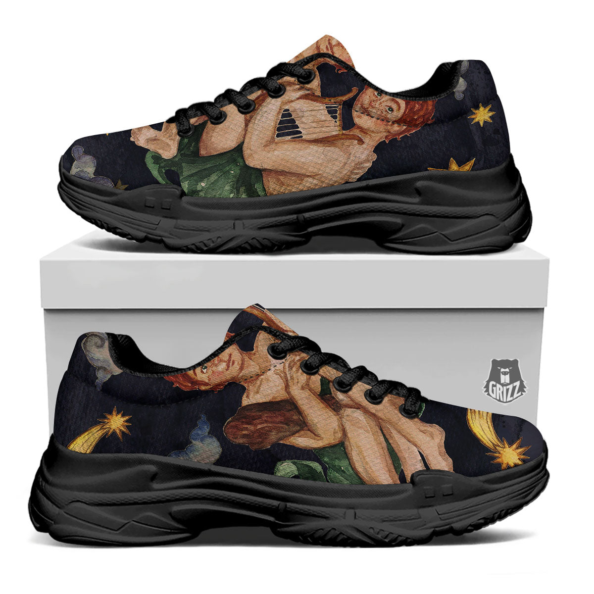 Zodiac Sign Watercolor Gemini Print Black Chunky Shoes-grizzshop