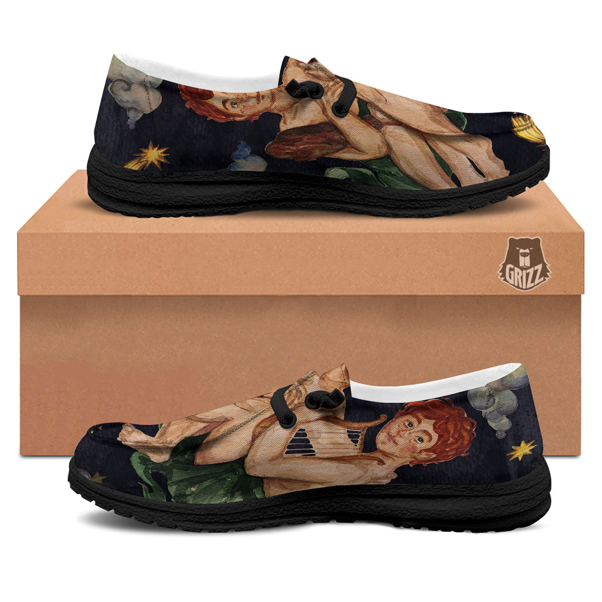Zodiac Sign Watercolor Gemini Print Black Loafers-grizzshop