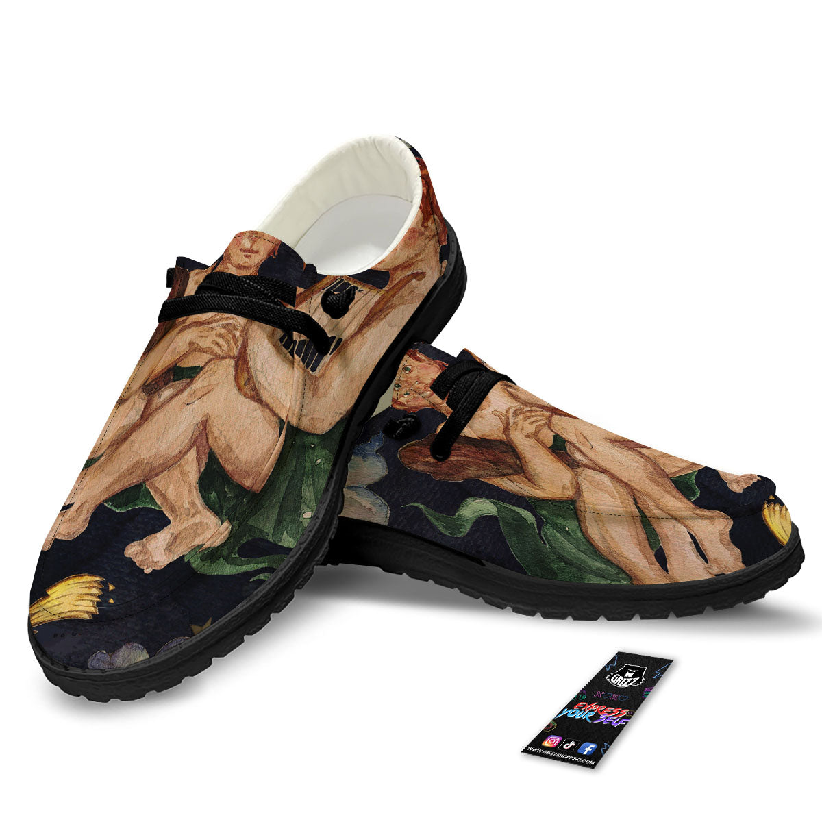 Zodiac Sign Watercolor Gemini Print Black Loafers-grizzshop