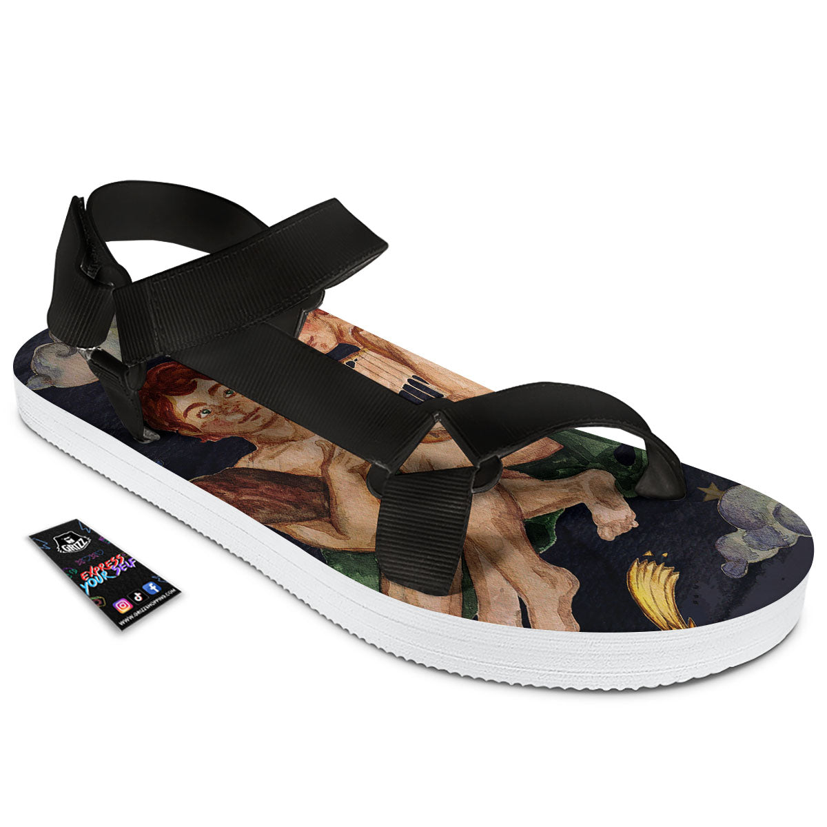 Zodiac Sign Watercolor Gemini Print Black Open Toe Sandals-grizzshop