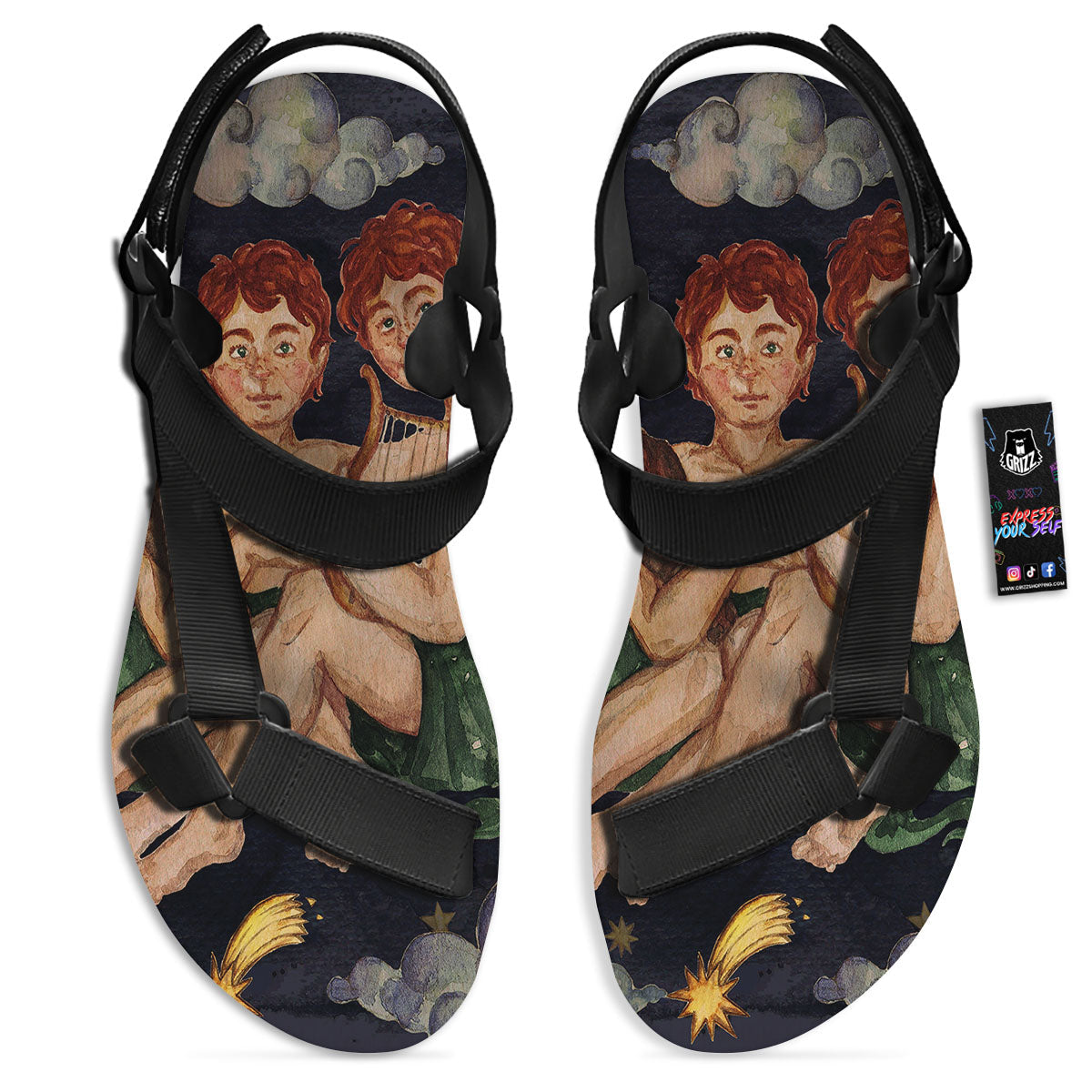 Zodiac Sign Watercolor Gemini Print Black Open Toe Sandals-grizzshop