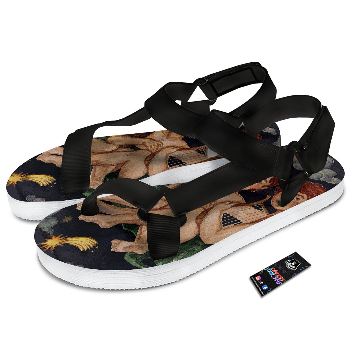 Zodiac Sign Watercolor Gemini Print Black Open Toe Sandals-grizzshop
