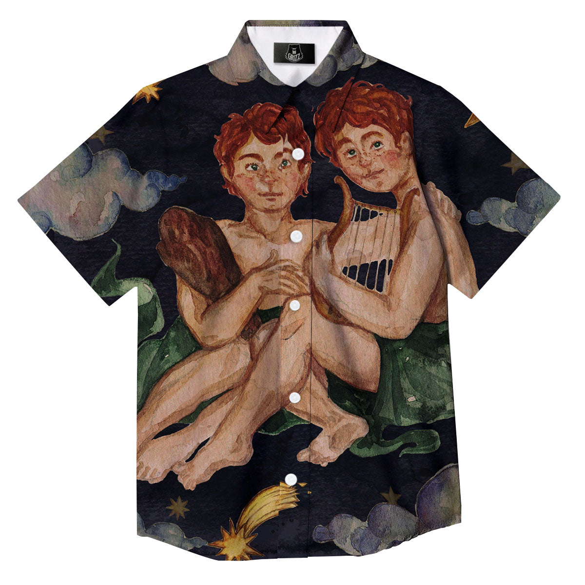 Zodiac Sign Watercolor Gemini Print Button Up Shirt-grizzshop
