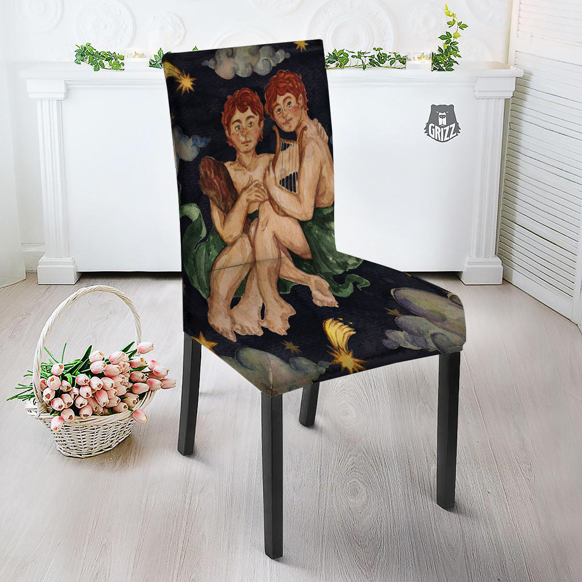 Zodiac Sign Watercolor Gemini Print Dining Chair Slipcover-grizzshop