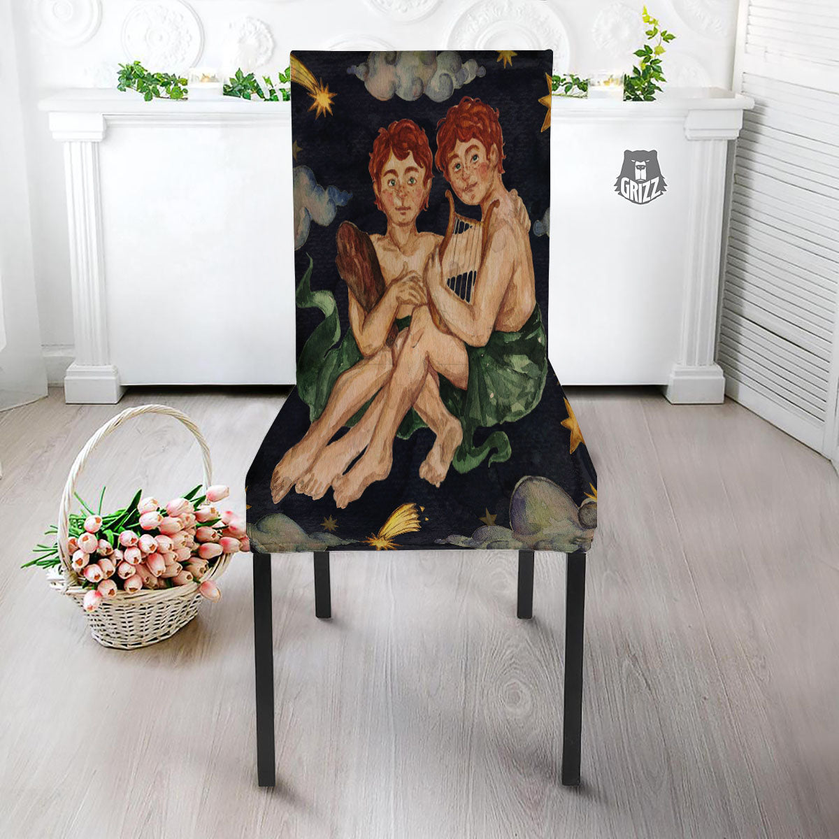 Zodiac Sign Watercolor Gemini Print Dining Chair Slipcover-grizzshop