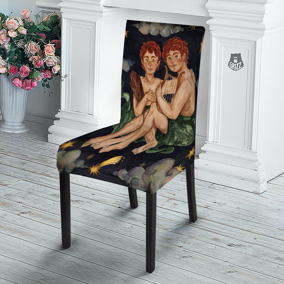 Zodiac Sign Watercolor Gemini Print Dining Chair Slipcover-grizzshop