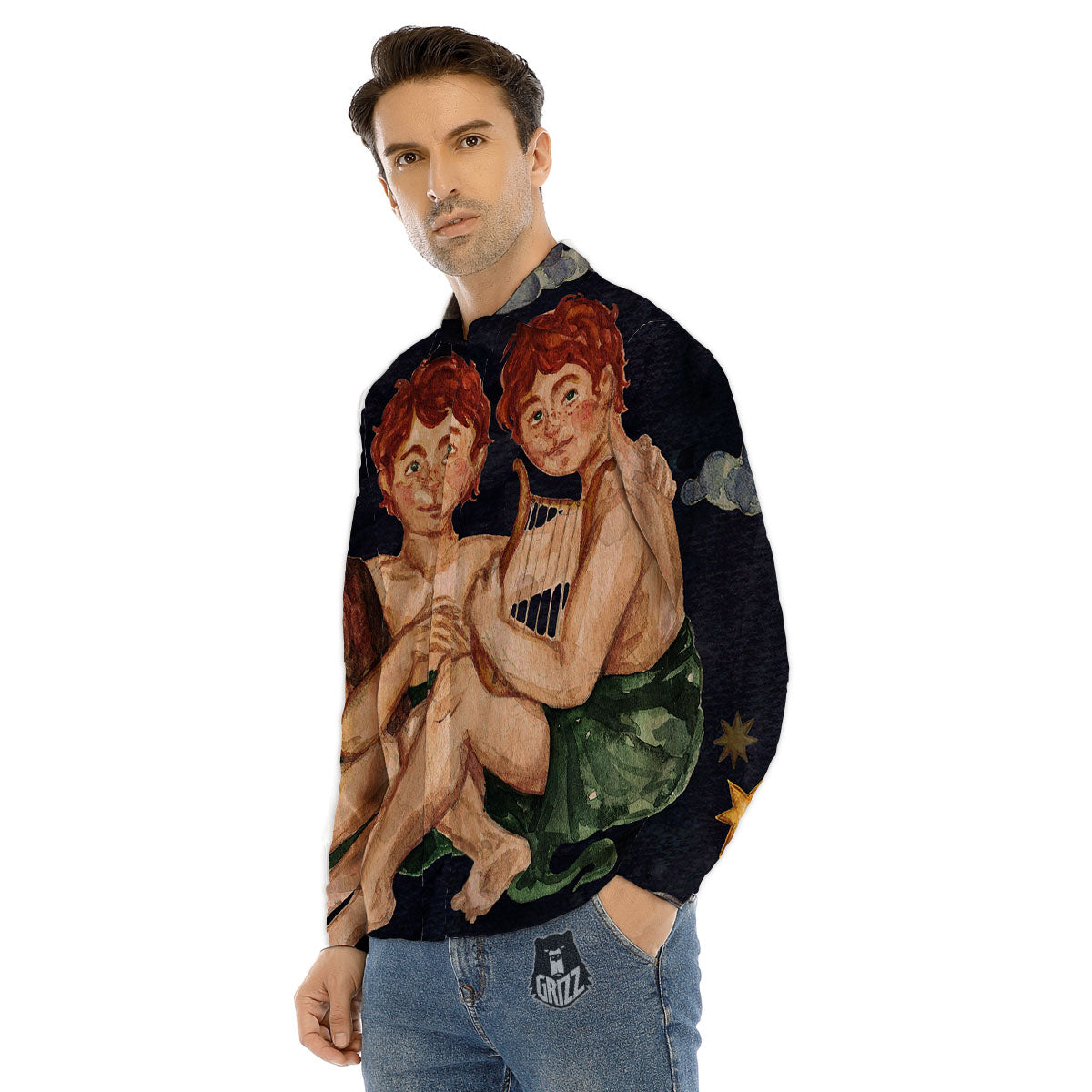 Zodiac Sign Watercolor Gemini Print Men's Dress Shirts-grizzshop