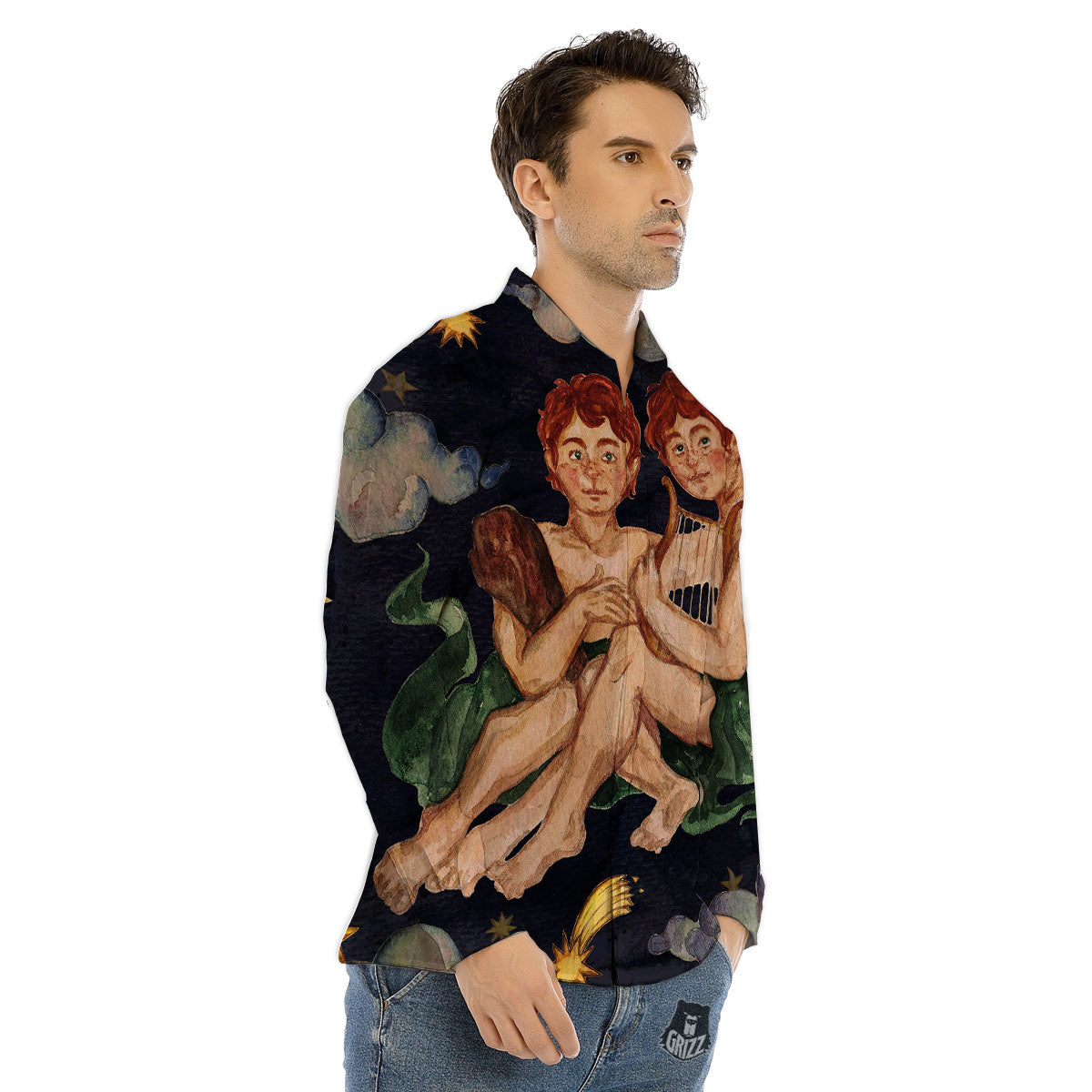 Zodiac Sign Watercolor Gemini Print Men's Dress Shirts-grizzshop
