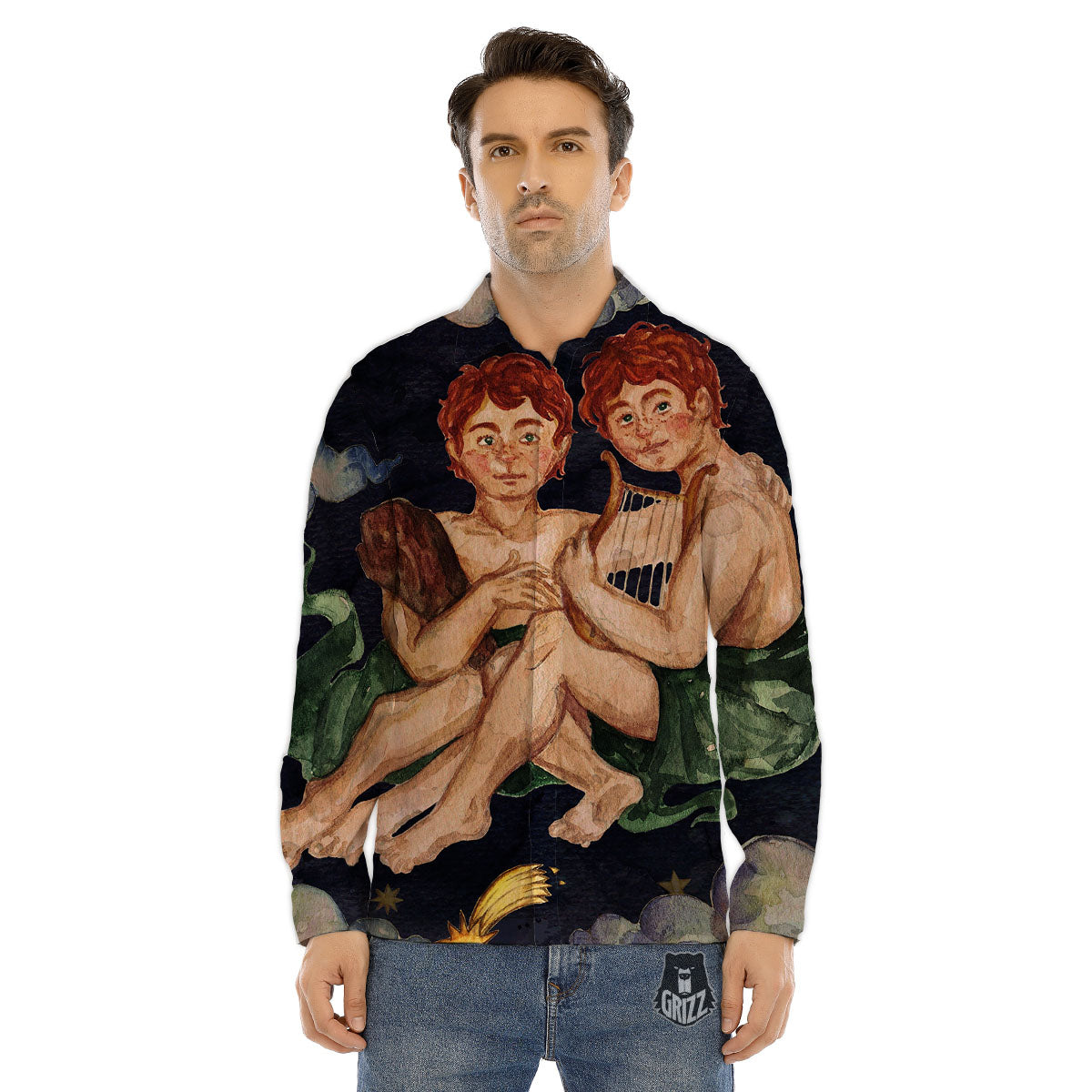 Zodiac Sign Watercolor Gemini Print Men's Dress Shirts-grizzshop