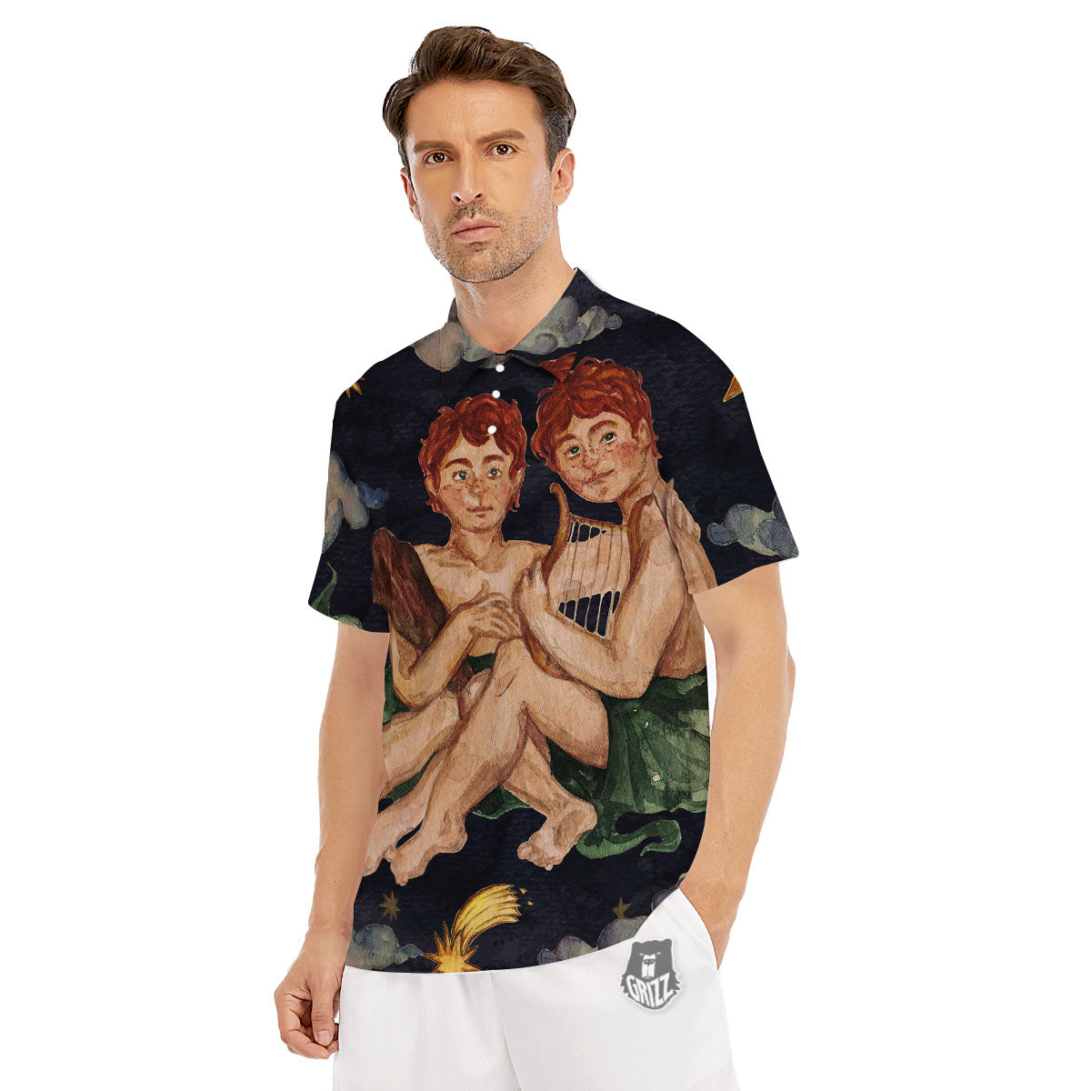 Zodiac Sign Watercolor Gemini Print Men's Golf Shirts-grizzshop