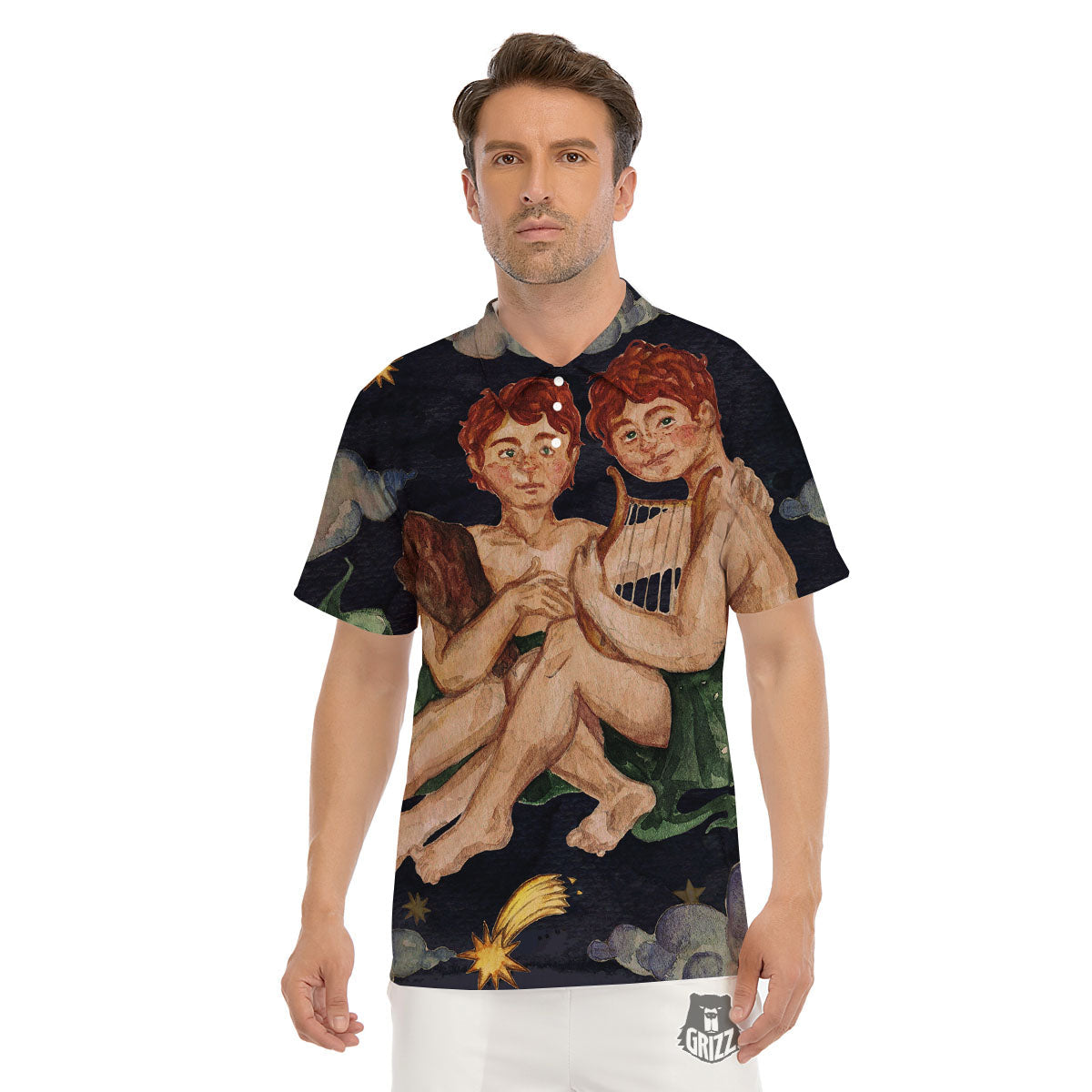 Zodiac Sign Watercolor Gemini Print Men's Golf Shirts-grizzshop