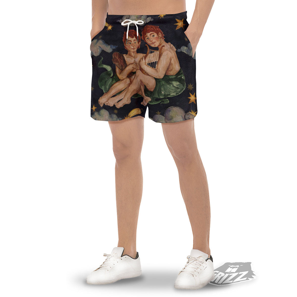 Zodiac Sign Watercolor Gemini Print Men's Gym Shorts-grizzshop