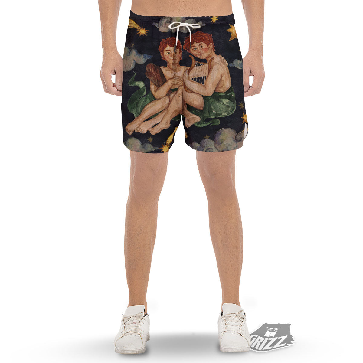 Zodiac Sign Watercolor Gemini Print Men's Gym Shorts-grizzshop