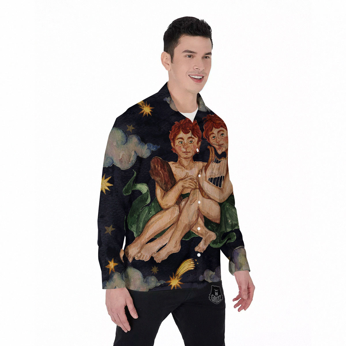 Zodiac Sign Watercolor Gemini Print Men's Long Sleeve Shirts-grizzshop