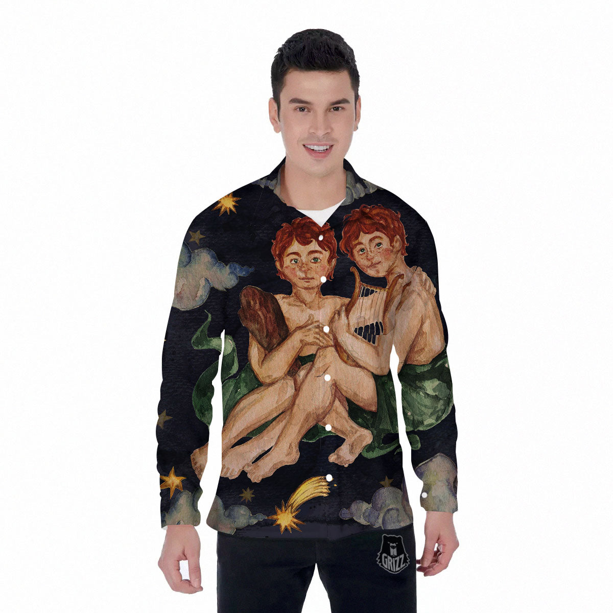 Zodiac Sign Watercolor Gemini Print Men's Long Sleeve Shirts-grizzshop