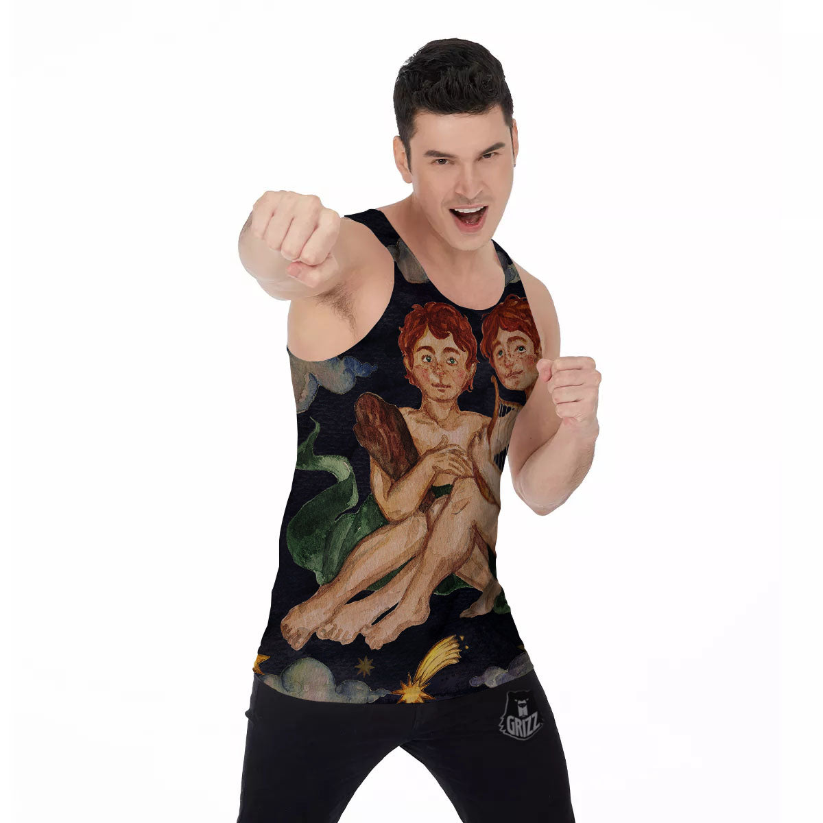 Zodiac Sign Watercolor Gemini Print Men's Tank Top-grizzshop