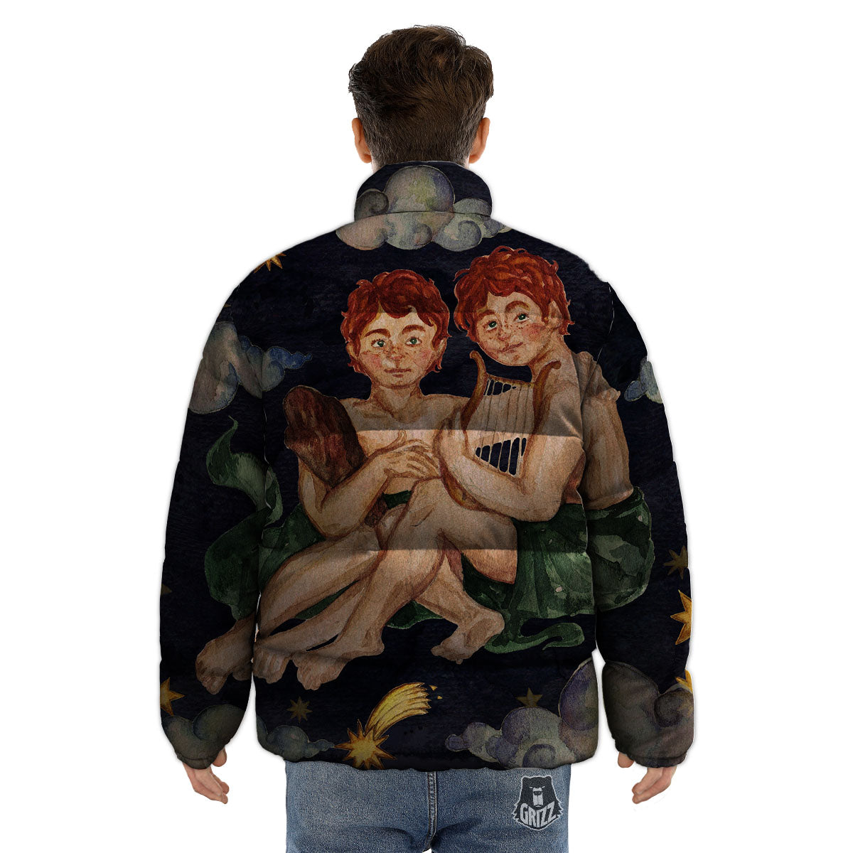 Zodiac Sign Watercolor Gemini Print Puffer Jacket-grizzshop