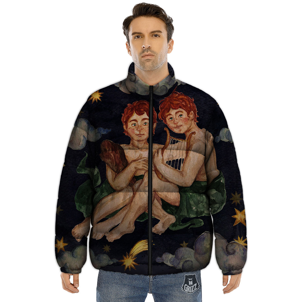 Zodiac Sign Watercolor Gemini Print Puffer Jacket-grizzshop