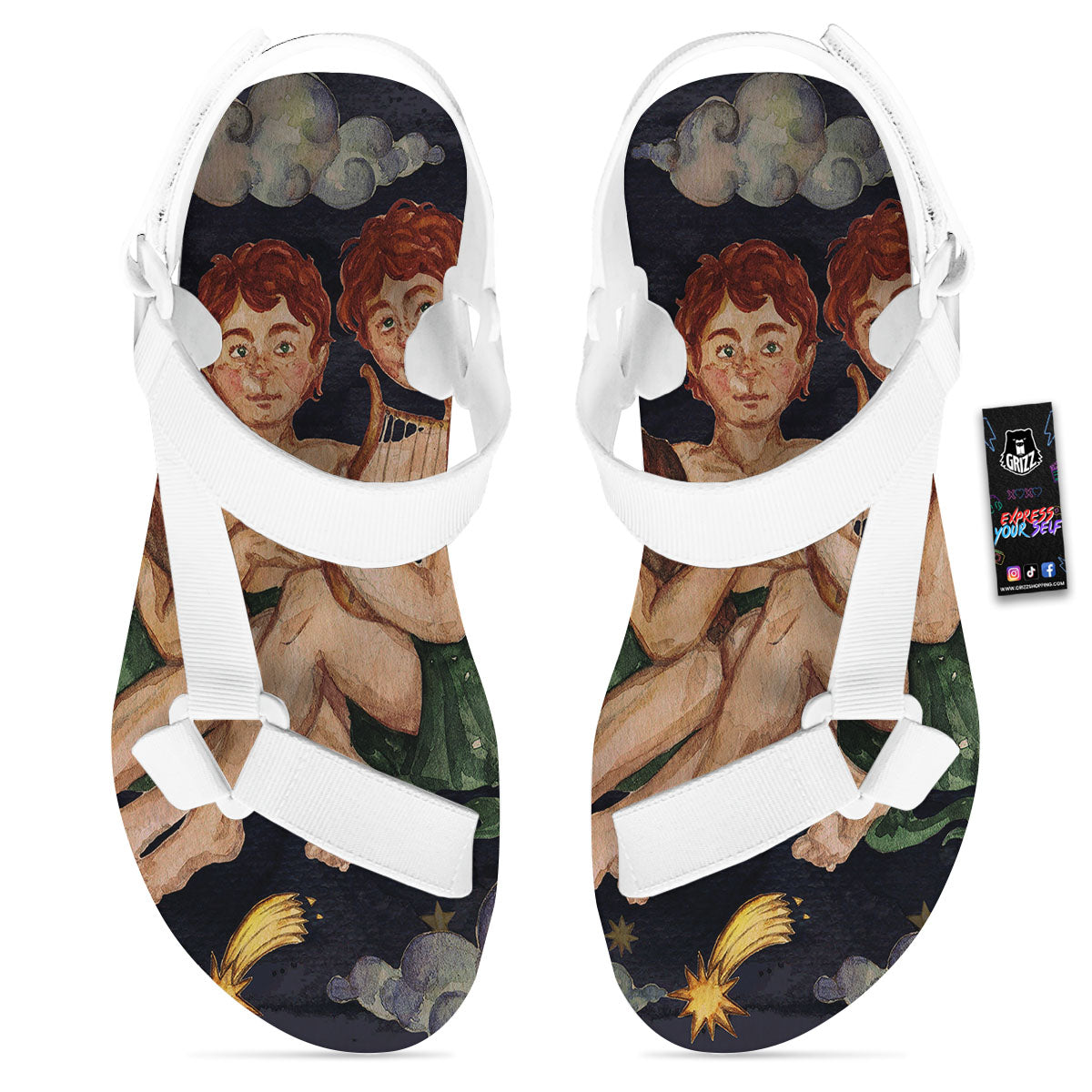 Zodiac Sign Watercolor Gemini Print White Open Toe Sandals-grizzshop