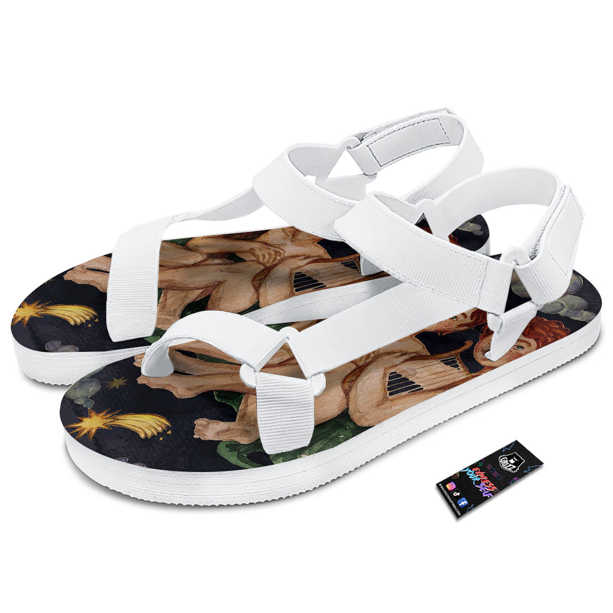 Zodiac Sign Watercolor Gemini Print White Open Toe Sandals-grizzshop