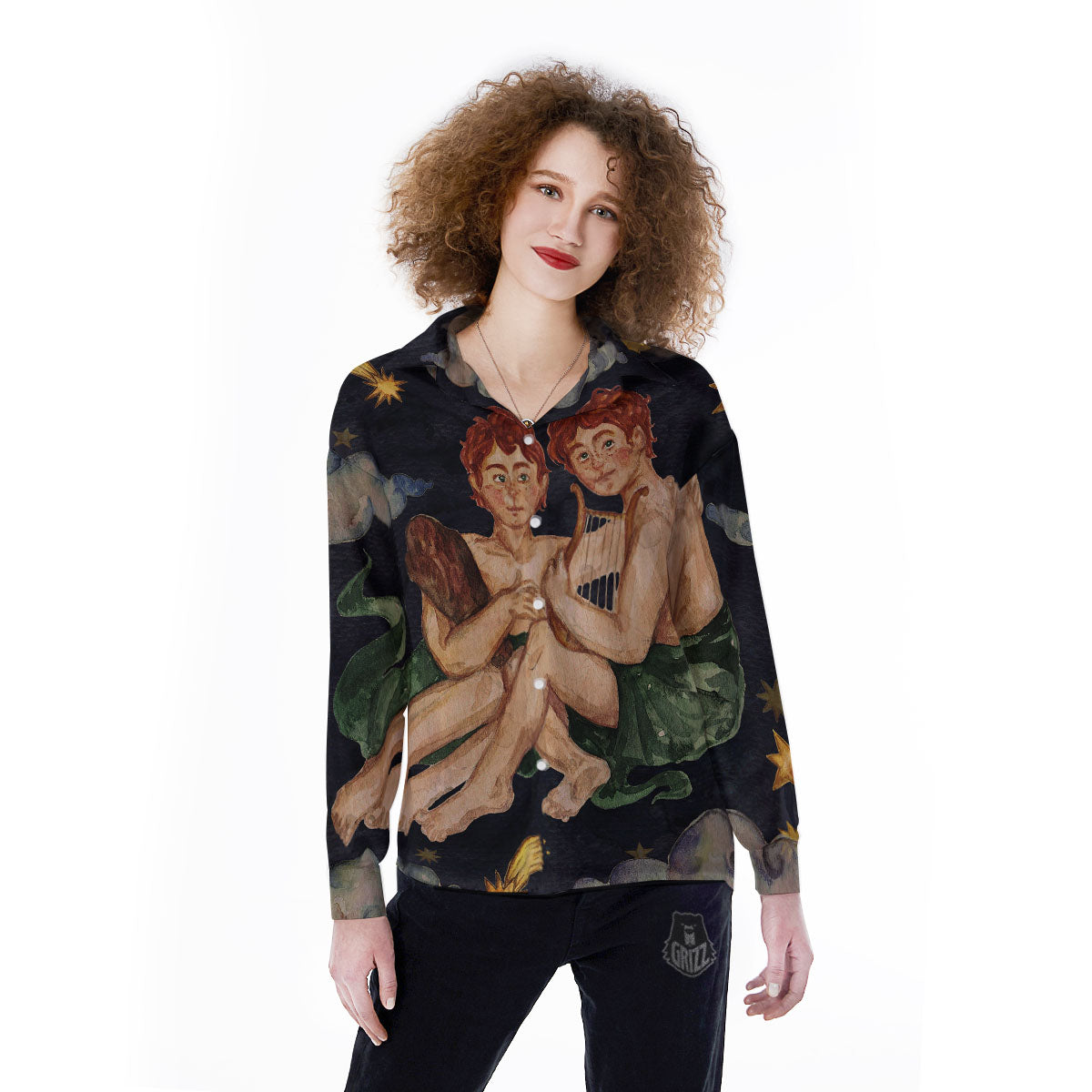 Zodiac Sign Watercolor Gemini Print Women's Long Sleeve Shirts-grizzshop