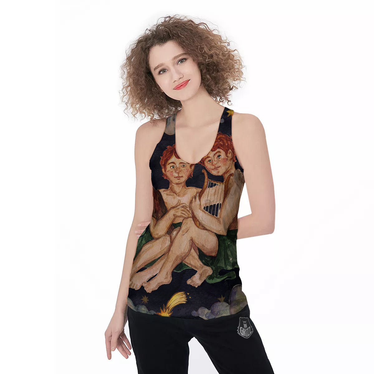 Zodiac Sign Watercolor Gemini Print Women's Racerback Tank Top-grizzshop