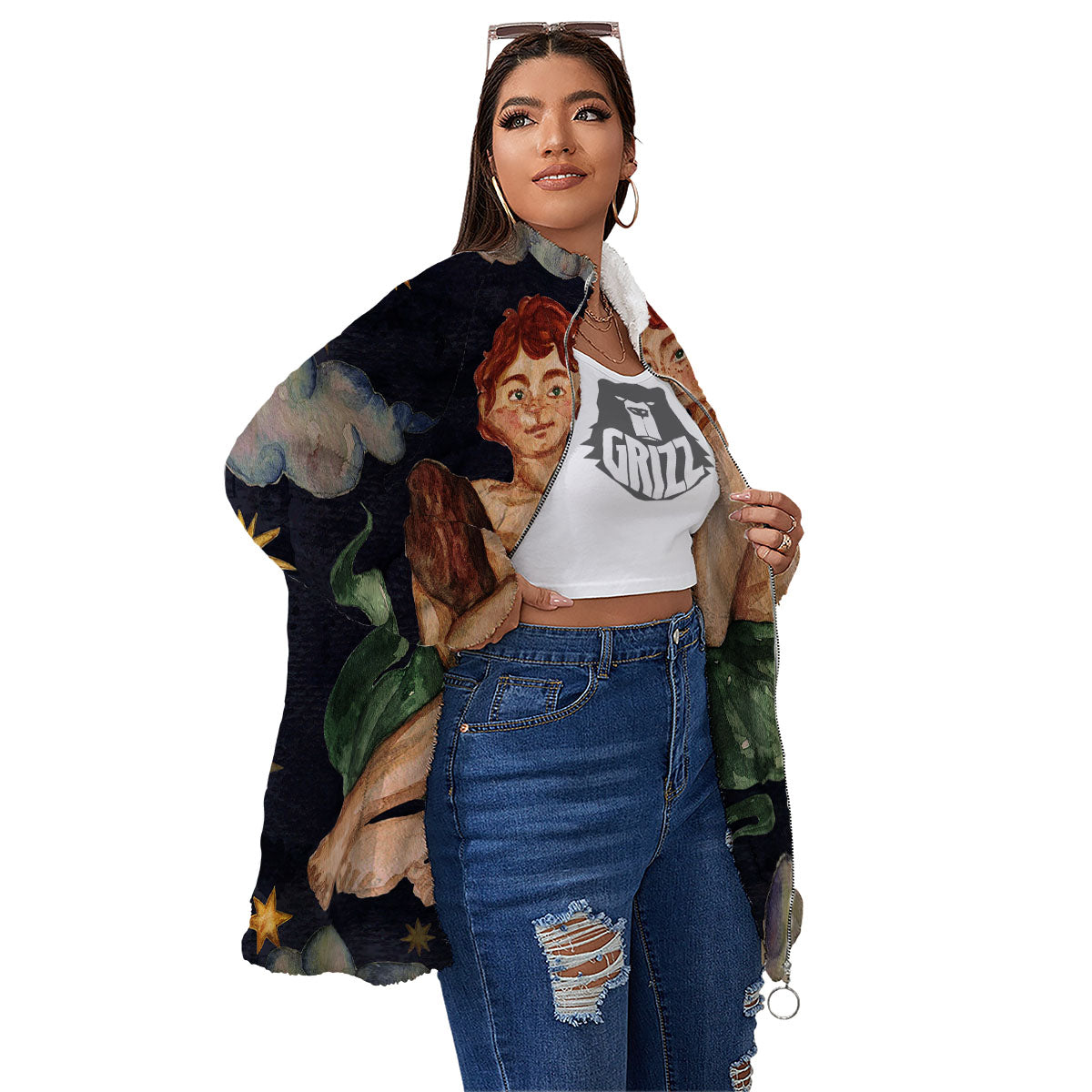 Zodiac Sign Watercolor Gemini Print Women's Sherpa Jacket-grizzshop