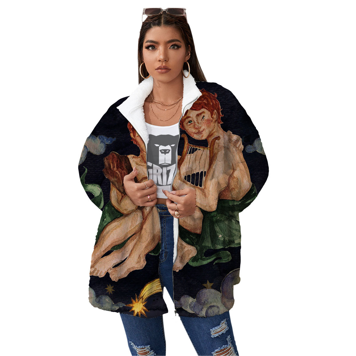 Zodiac Sign Watercolor Gemini Print Women's Sherpa Jacket-grizzshop