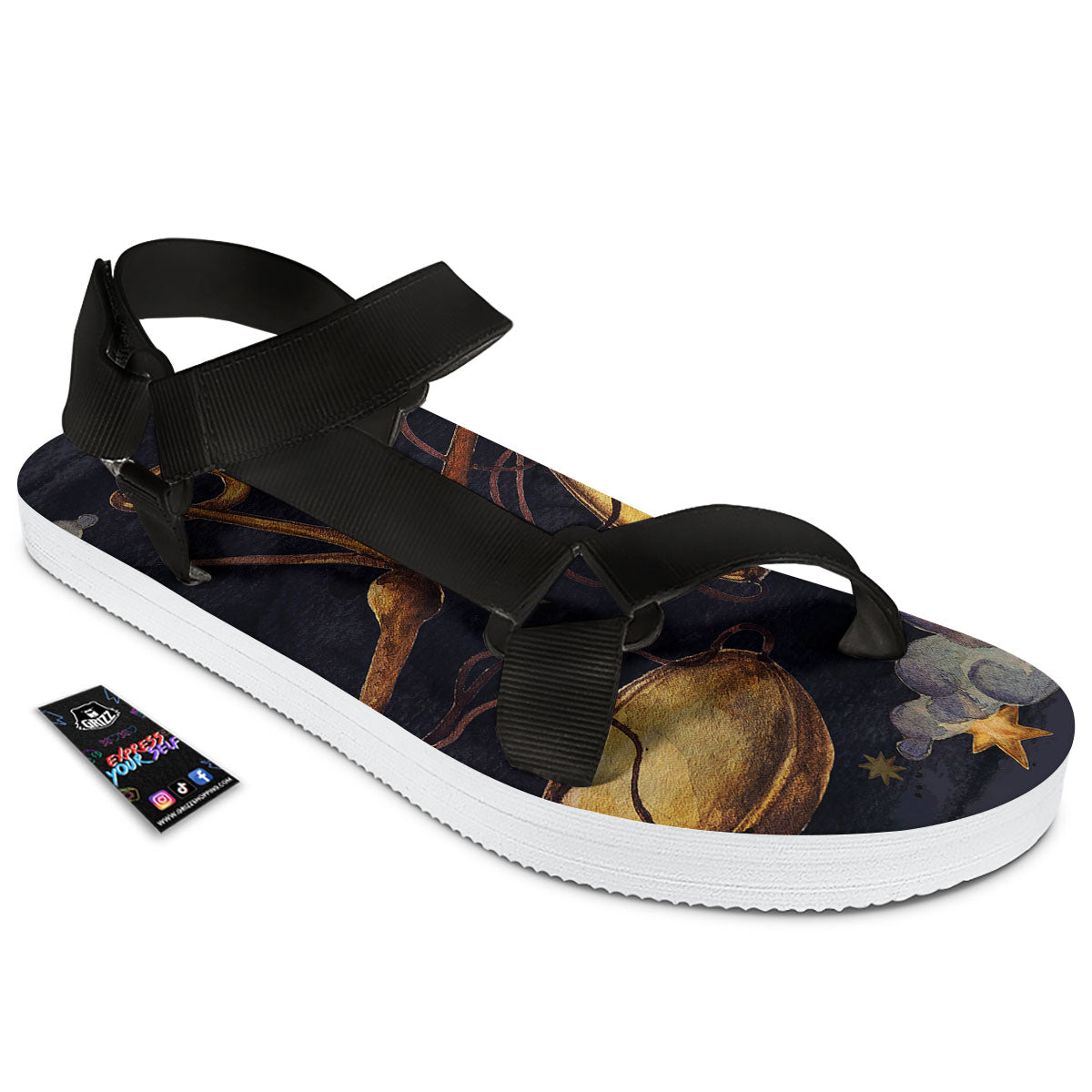 Zodiac Sign Watercolor Libra Print Black Open Toe Sandals-grizzshop