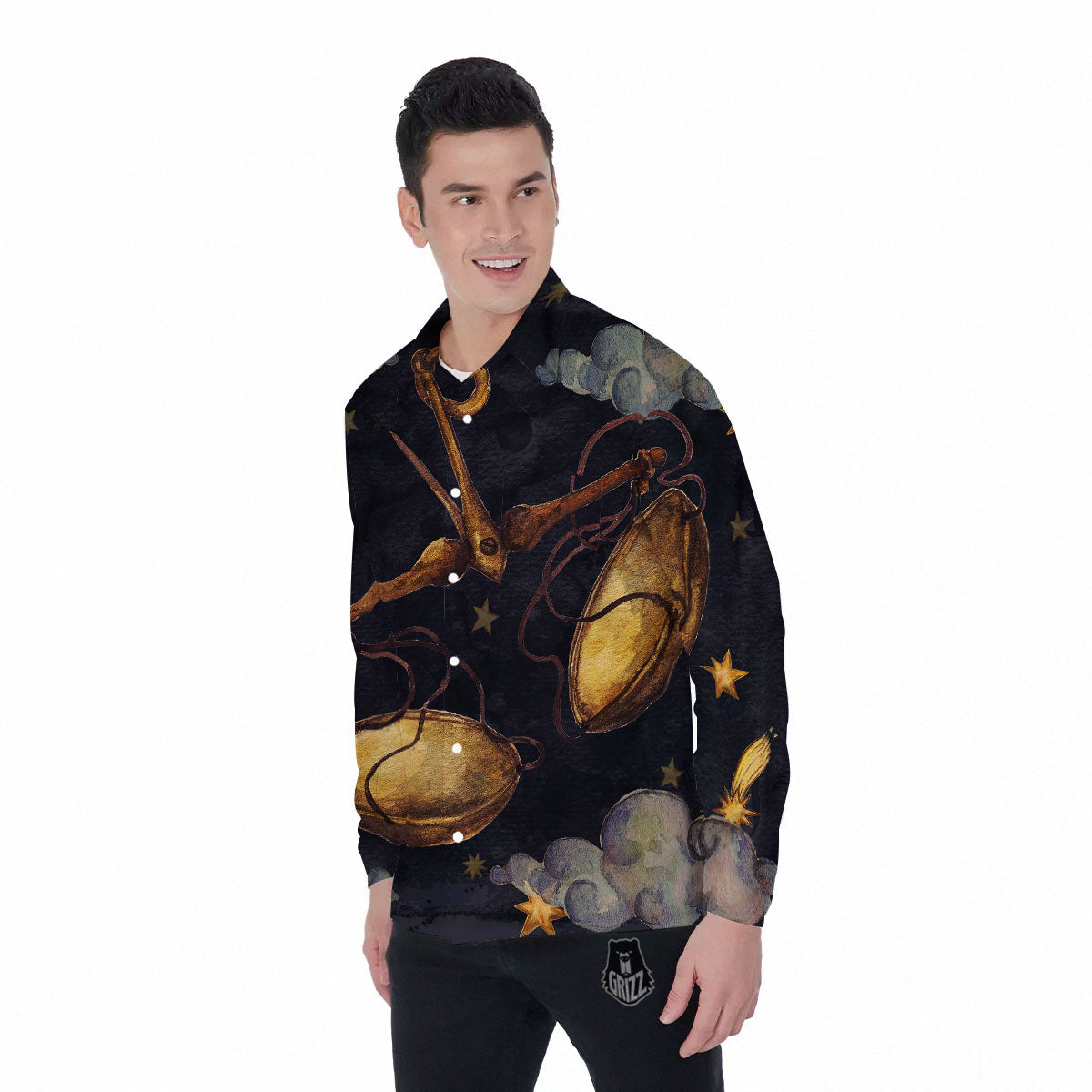 Zodiac Sign Watercolor Libra Print Men's Long Sleeve Shirts-grizzshop