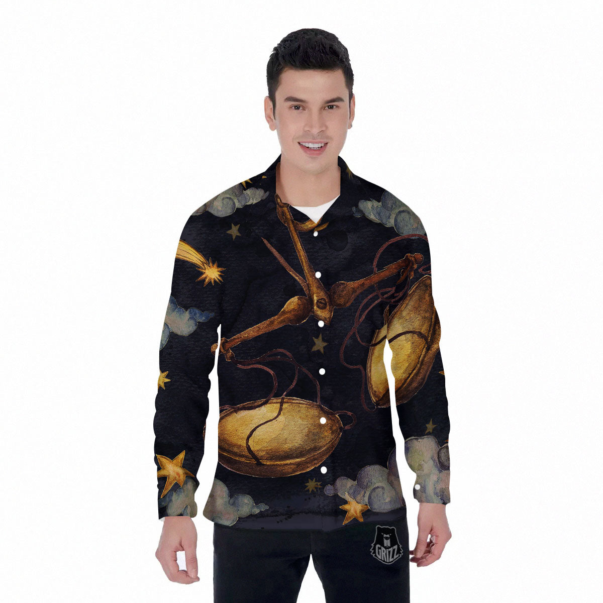 Zodiac Sign Watercolor Libra Print Men's Long Sleeve Shirts-grizzshop