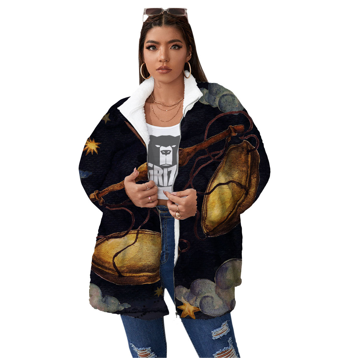 Zodiac Sign Watercolor Libra Print Women's Sherpa Jacket-grizzshop