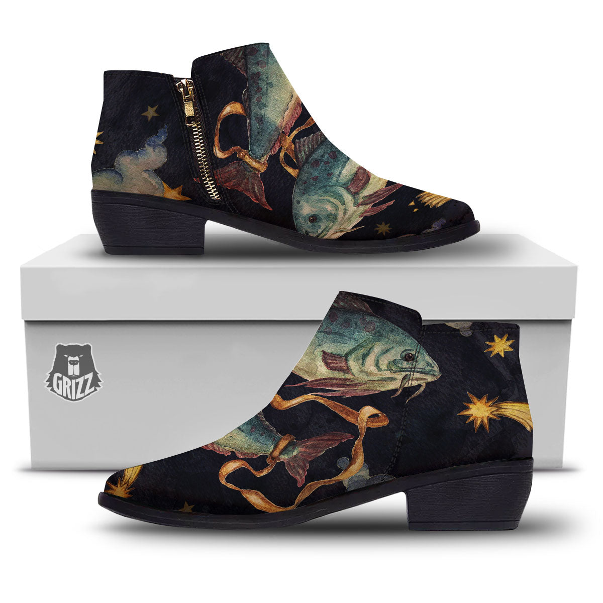 Zodiac Sign Watercolor Pisces Print Ankle Boots-grizzshop