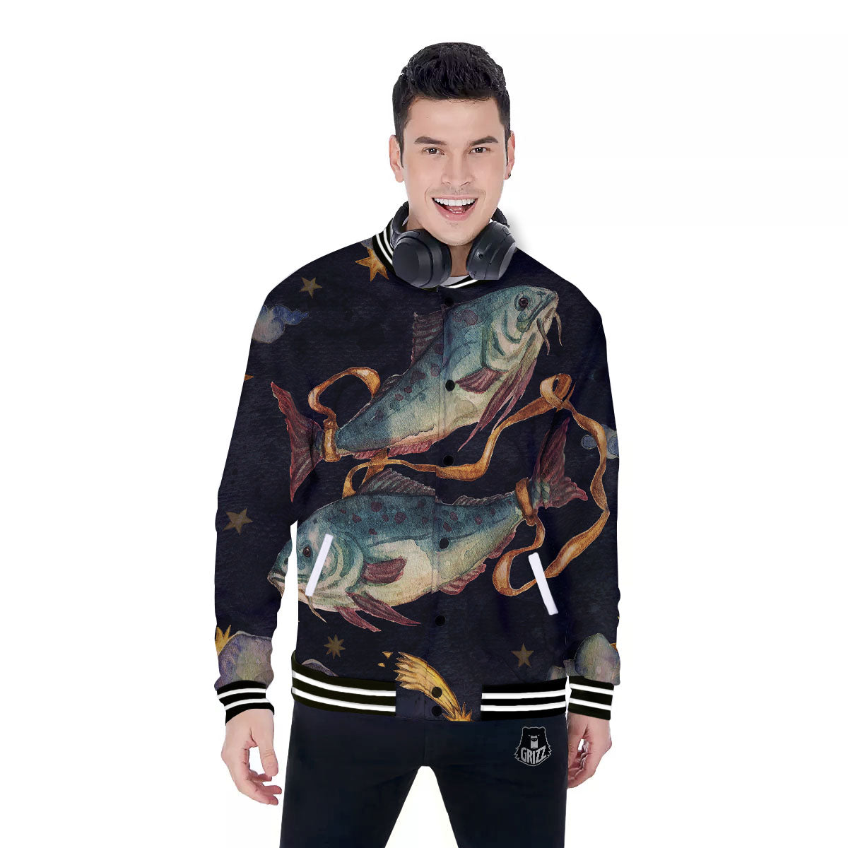 Zodiac Sign Watercolor Pisces Print Baseball Jacket-grizzshop