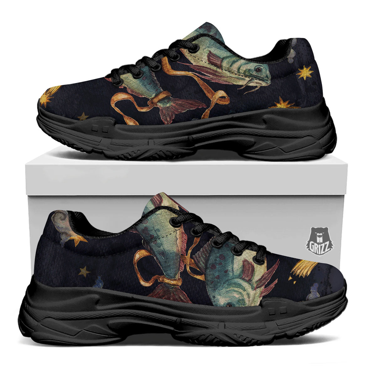 Zodiac Sign Watercolor Pisces Print Black Chunky Shoes-grizzshop