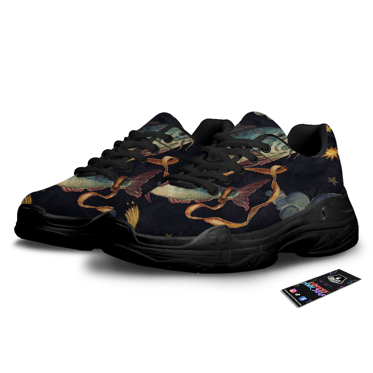 Zodiac Sign Watercolor Pisces Print Black Chunky Shoes-grizzshop