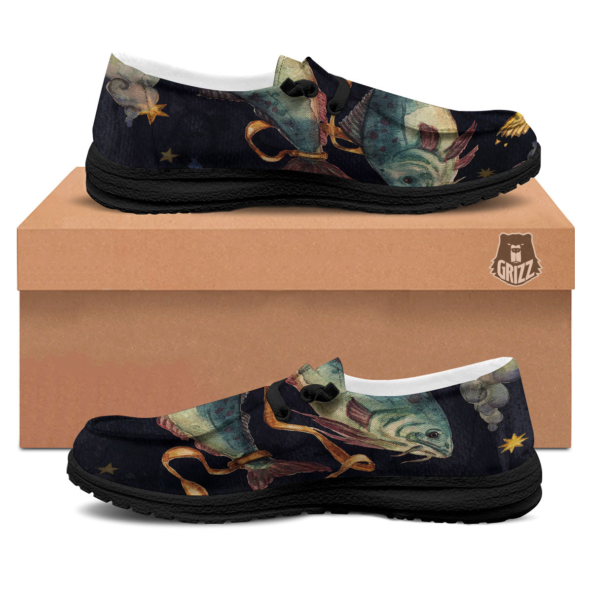Zodiac Sign Watercolor Pisces Print Black Loafers-grizzshop