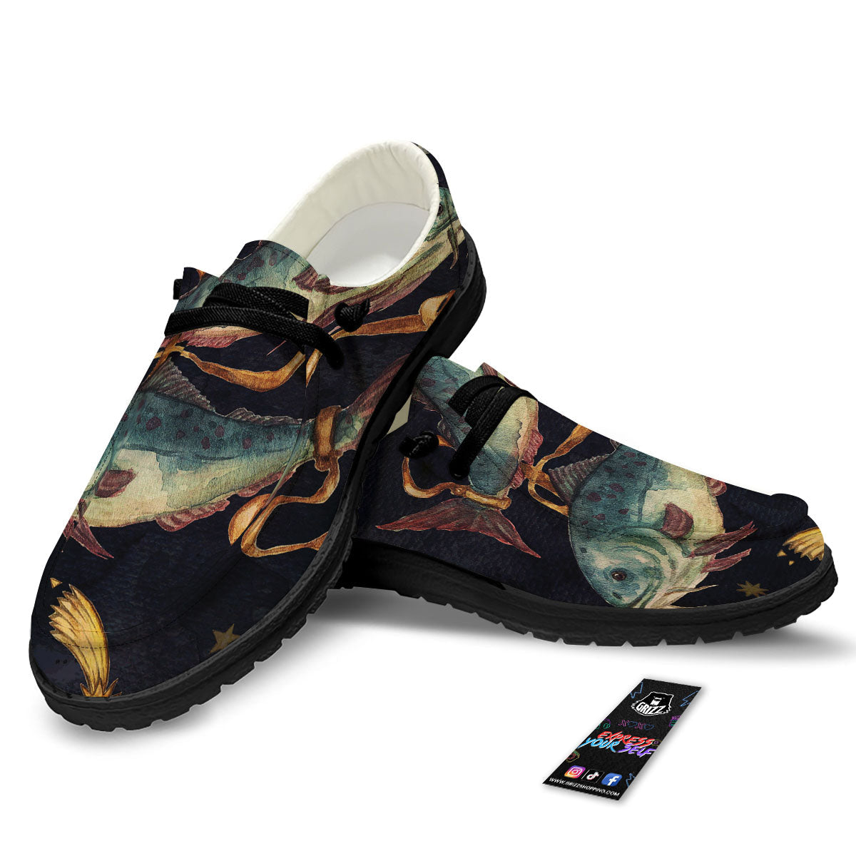 Zodiac Sign Watercolor Pisces Print Black Loafers-grizzshop
