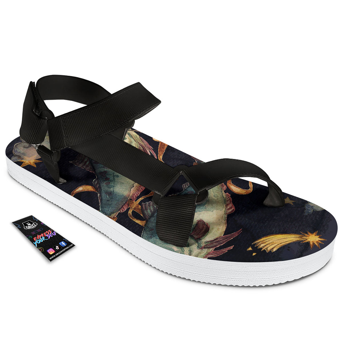 Zodiac Sign Watercolor Pisces Print Black Open Toe Sandals-grizzshop