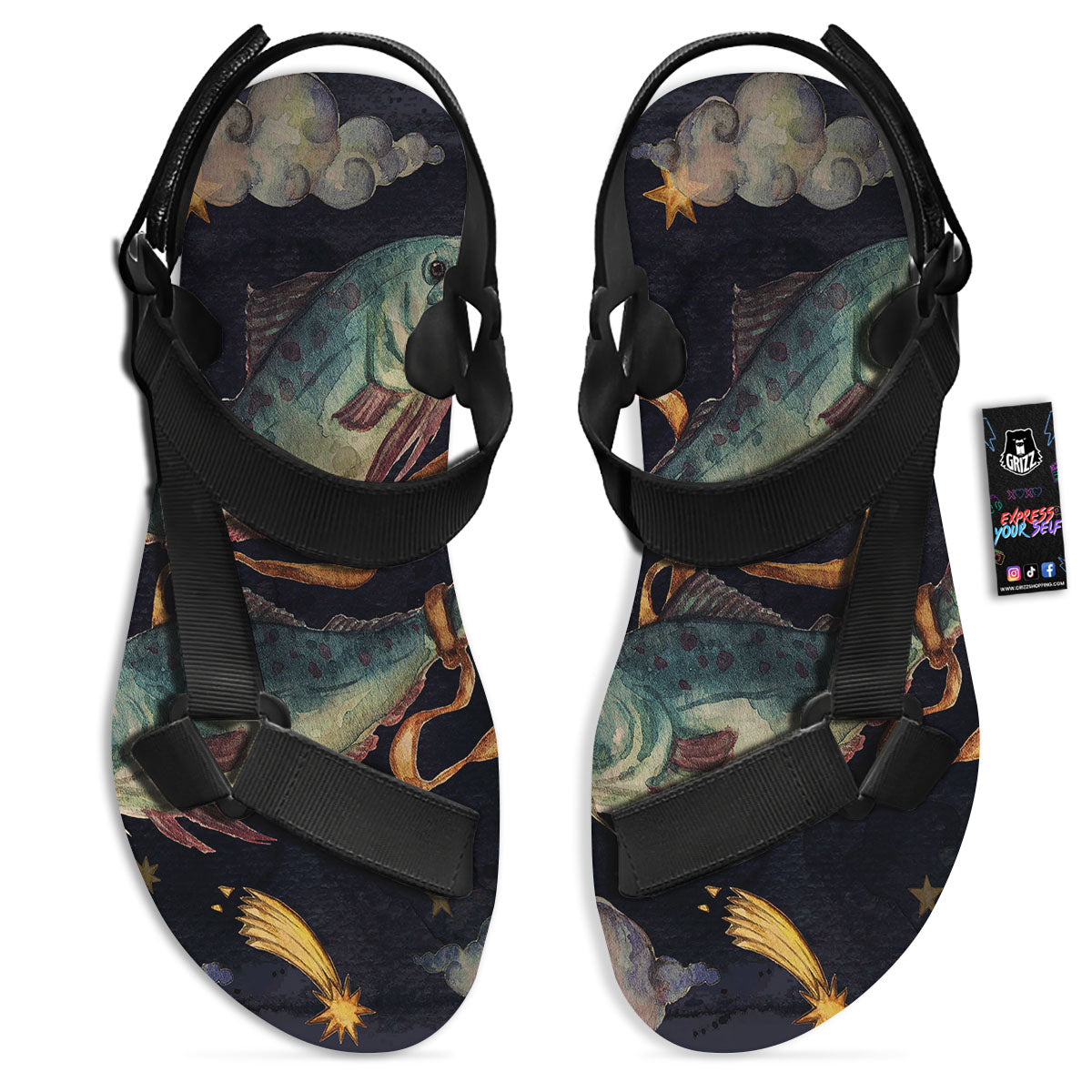 Zodiac Sign Watercolor Pisces Print Black Open Toe Sandals-grizzshop