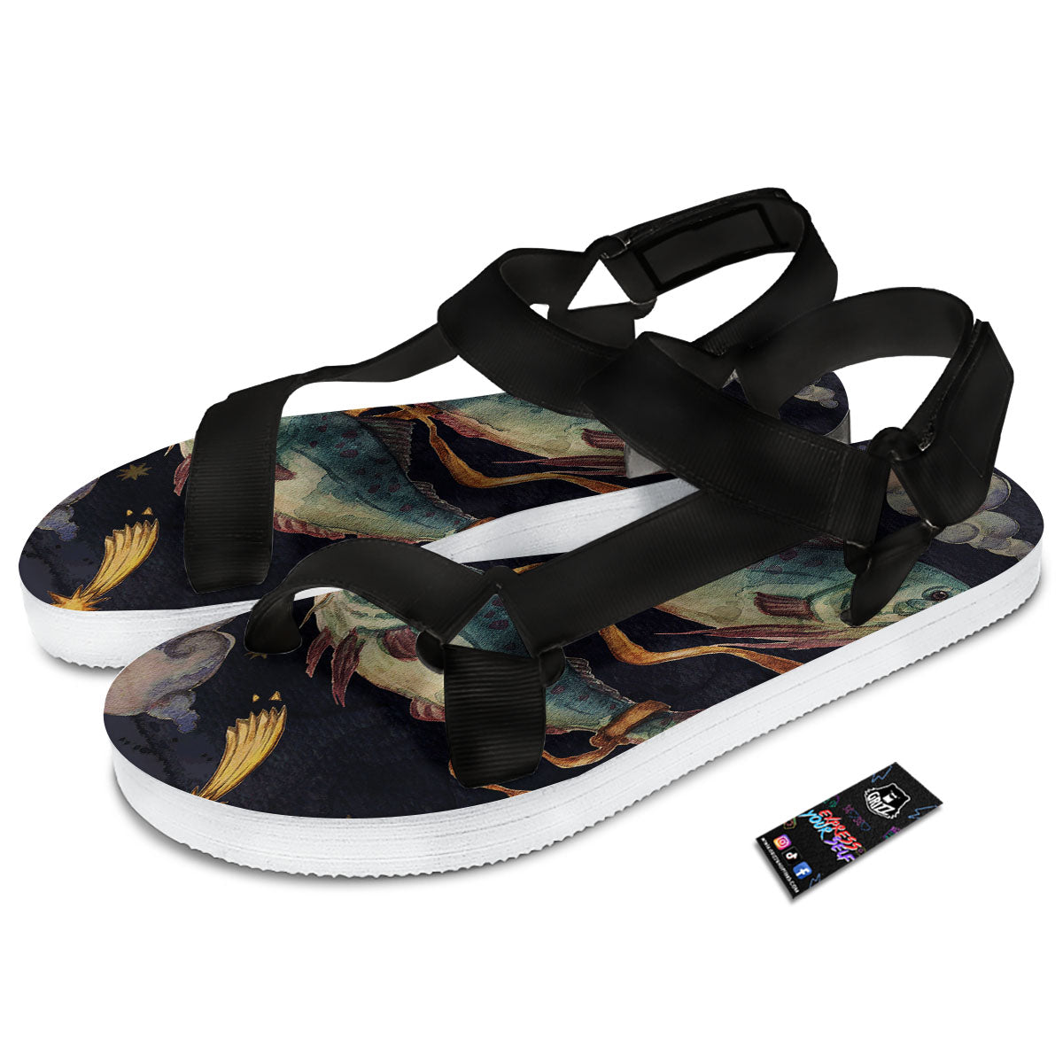 Zodiac Sign Watercolor Pisces Print Black Open Toe Sandals-grizzshop