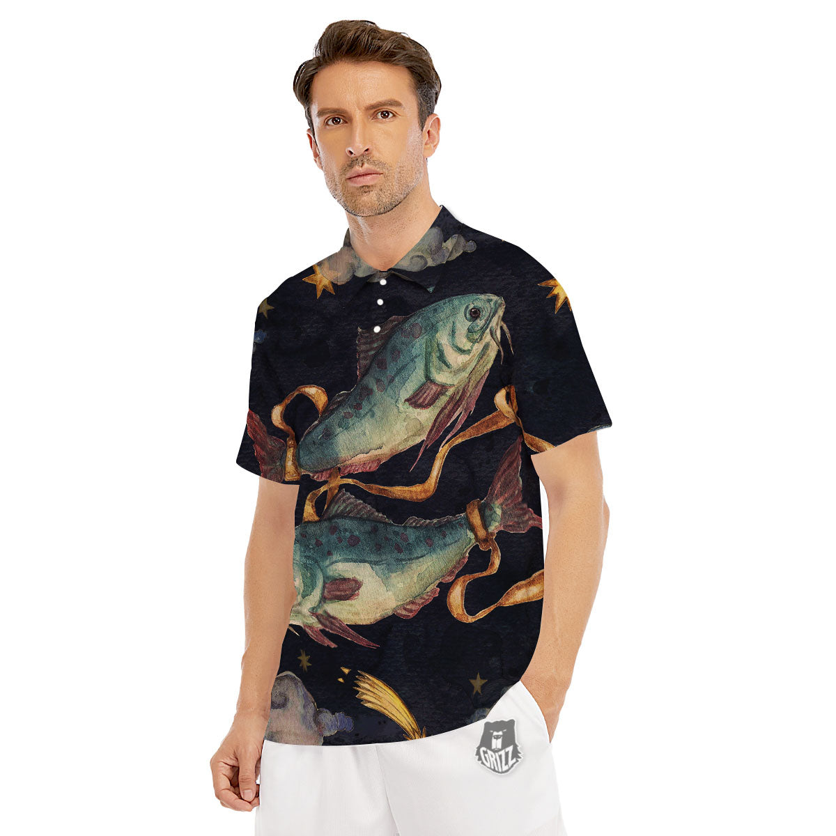 Zodiac Sign Watercolor Pisces Print Men's Golf Shirts-grizzshop