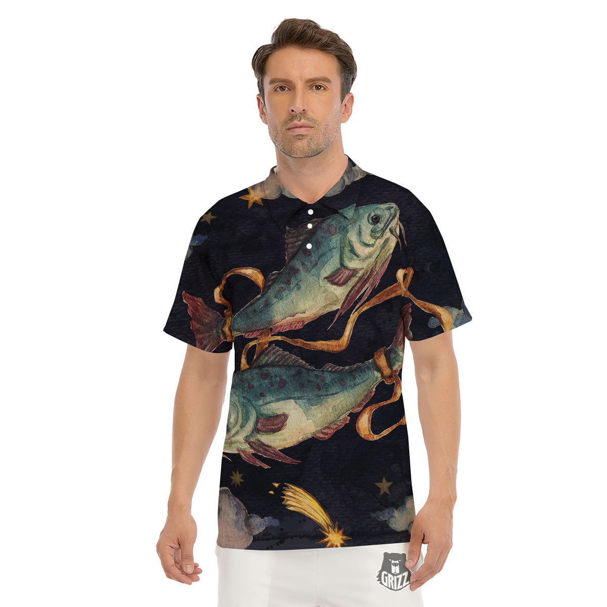 Zodiac Sign Watercolor Pisces Print Men's Golf Shirts-grizzshop
