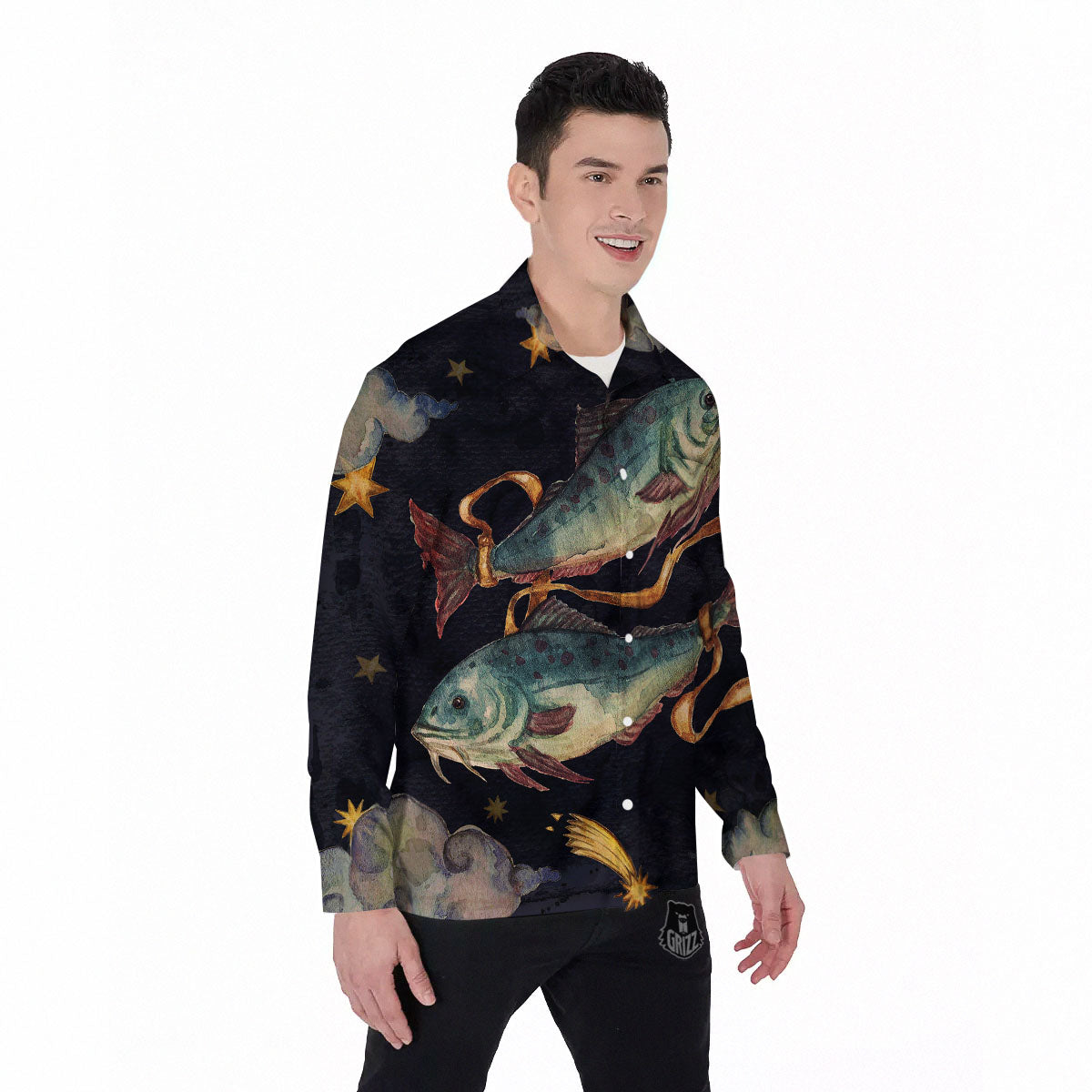 Zodiac Sign Watercolor Pisces Print Men's Long Sleeve Shirts-grizzshop
