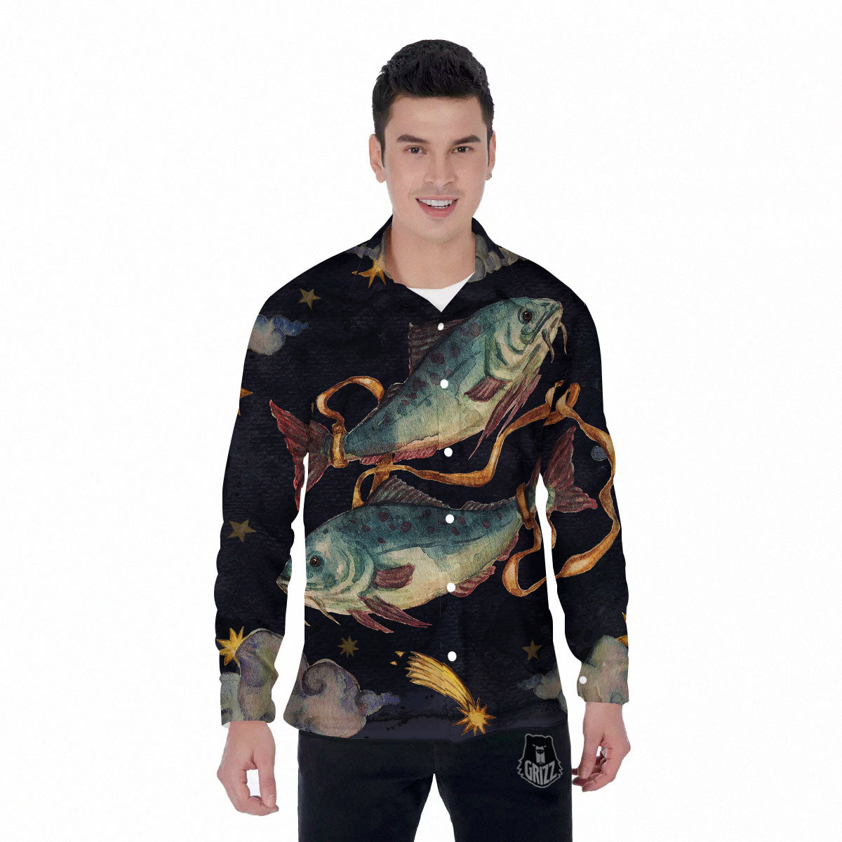 Zodiac Sign Watercolor Pisces Print Men's Long Sleeve Shirts-grizzshop