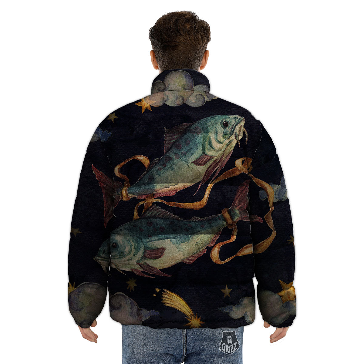 Zodiac Sign Watercolor Pisces Print Puffer Jacket-grizzshop