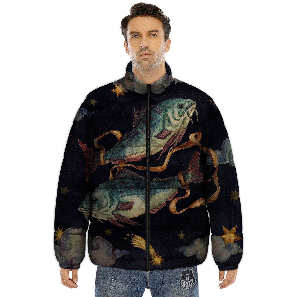 Zodiac Sign Watercolor Pisces Print Puffer Jacket-grizzshop