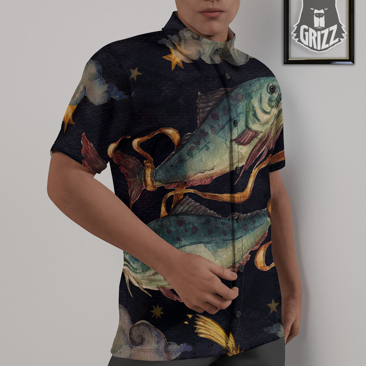 Zodiac Sign Watercolor Pisces Print Untucked Shirts-grizzshop