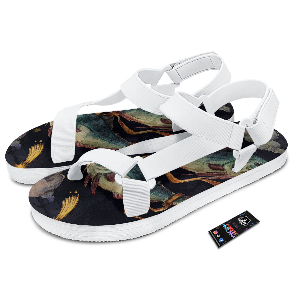 Zodiac Sign Watercolor Pisces Print White Open Toe Sandals-grizzshop