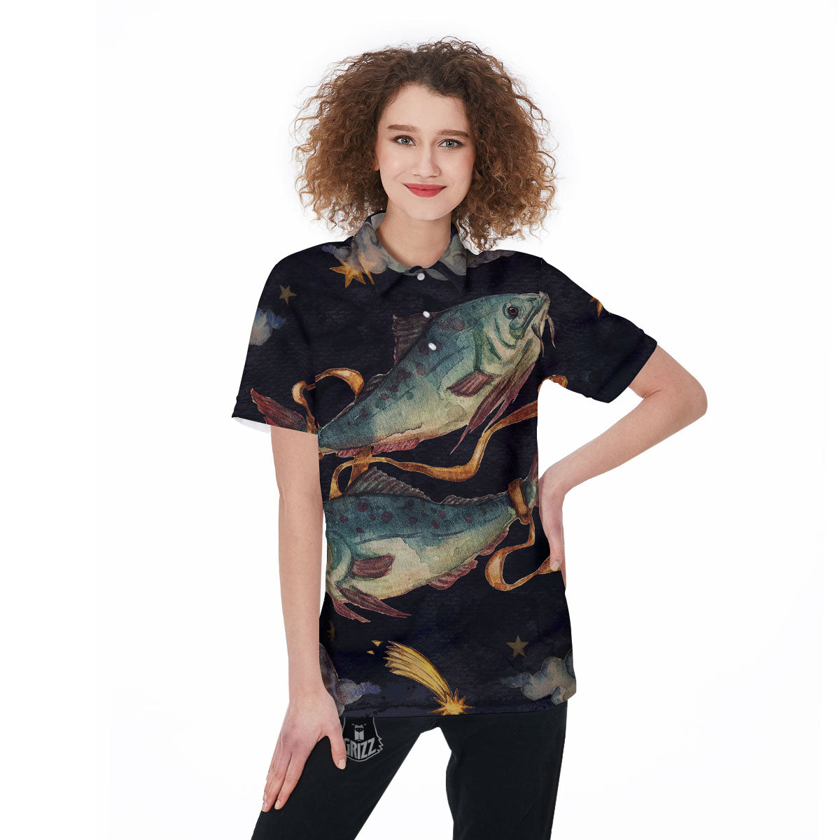Zodiac Sign Watercolor Pisces Print Women's Golf Shirts-grizzshop